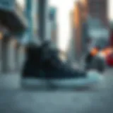 Elegant black high-top Converse against an urban backdrop