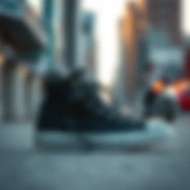 Elegant black high-top Converse against an urban backdrop