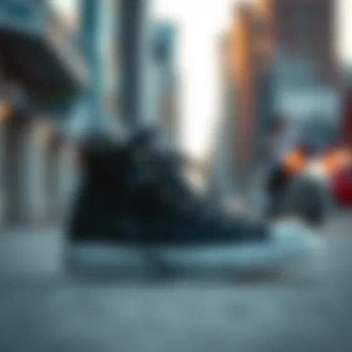 Elegant black high-top Converse against an urban backdrop