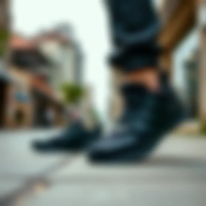 Trendy black athletic shoes displayed in an urban setting