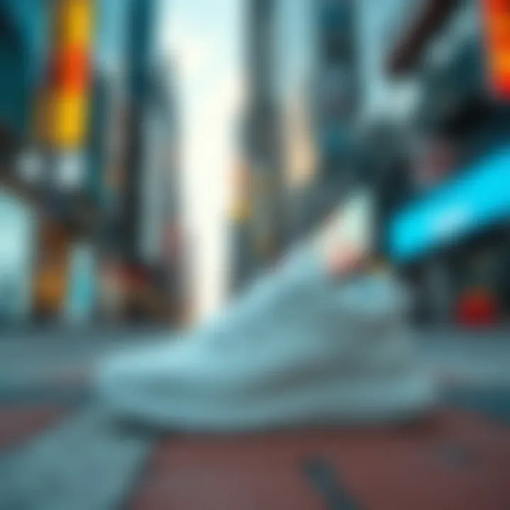 A stylish pair of Skye Clean sneakers placed in a vibrant city setting