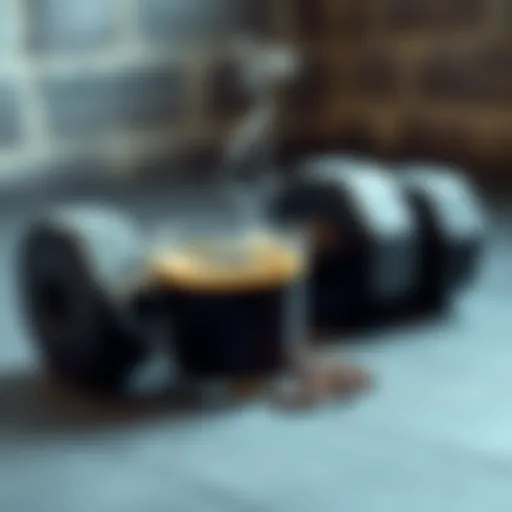 A steaming cup of coffee placed beside a dumbbell, symbolizing post-workout refreshment.