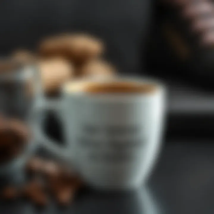 A close-up of a coffee cup with an inspirational quote about fitness and coffee on it.