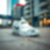Stylish white Nike sandals on a modern urban background