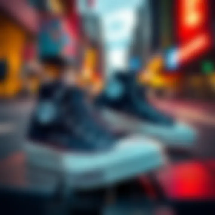 Stylish elevated Converse shoes on a vibrant urban background