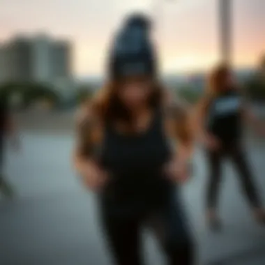 Outdoor workout scene with urban fashion elements