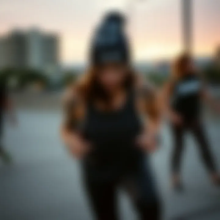 Outdoor workout scene with urban fashion elements