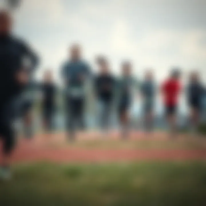 A diverse group of runners engaged in various training exercises, showcasing teamwork and dedication.